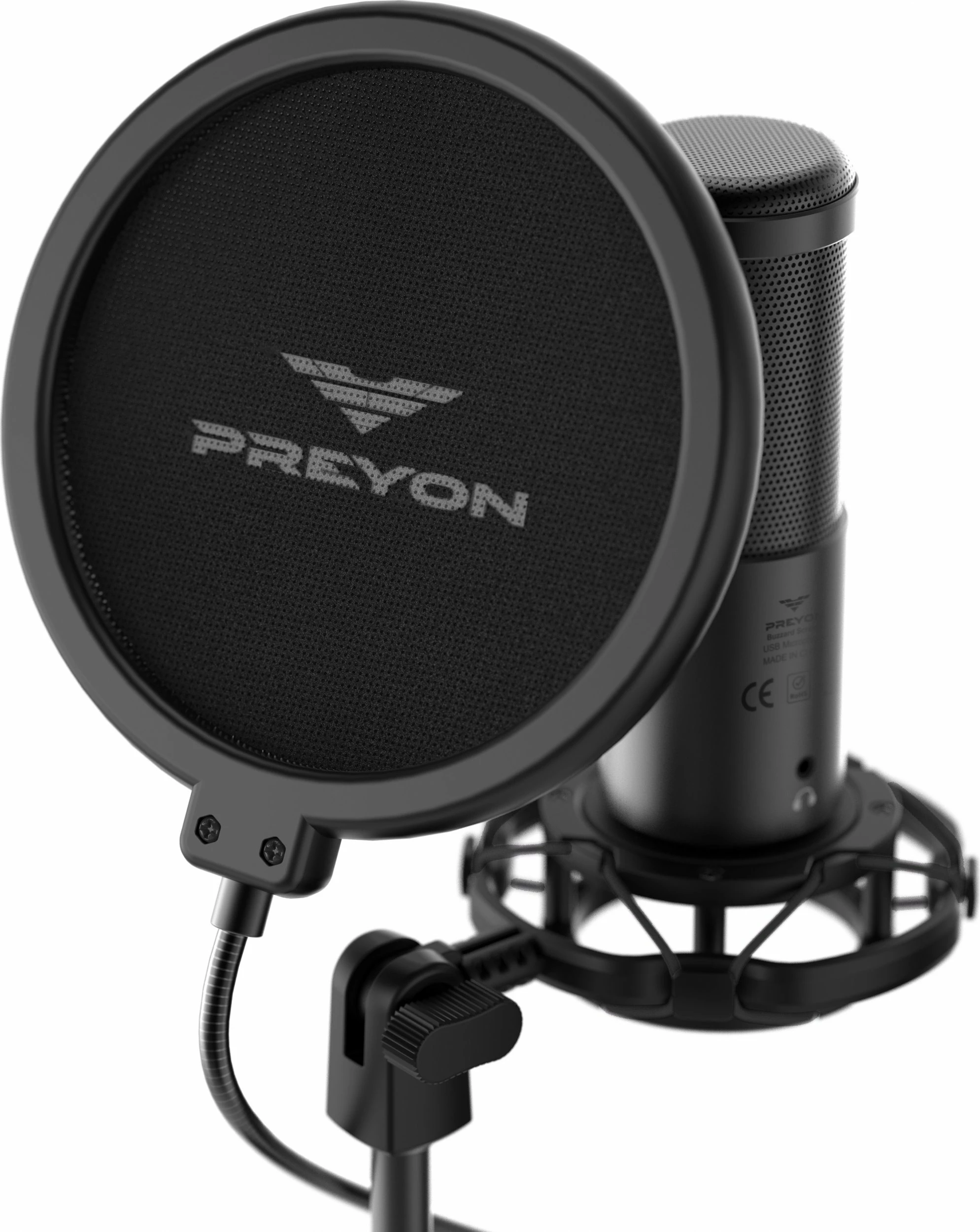 Mikrofon PREYON Buzzard Scream PBS43B, USB-C/3.5mm, kardioid, me stand dhe pop filter, i zi