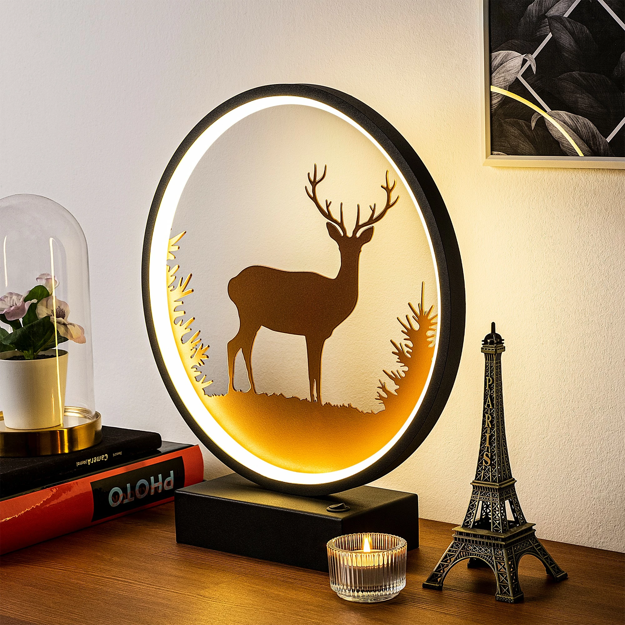 Llambë tavoline Opviq, XMAS7, e zezë dhe bakri, dizajn me drer