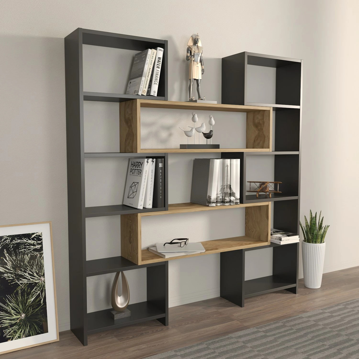 Raft librash Hanah Home, Poyraz, ngjyrë e zezë dhe lis