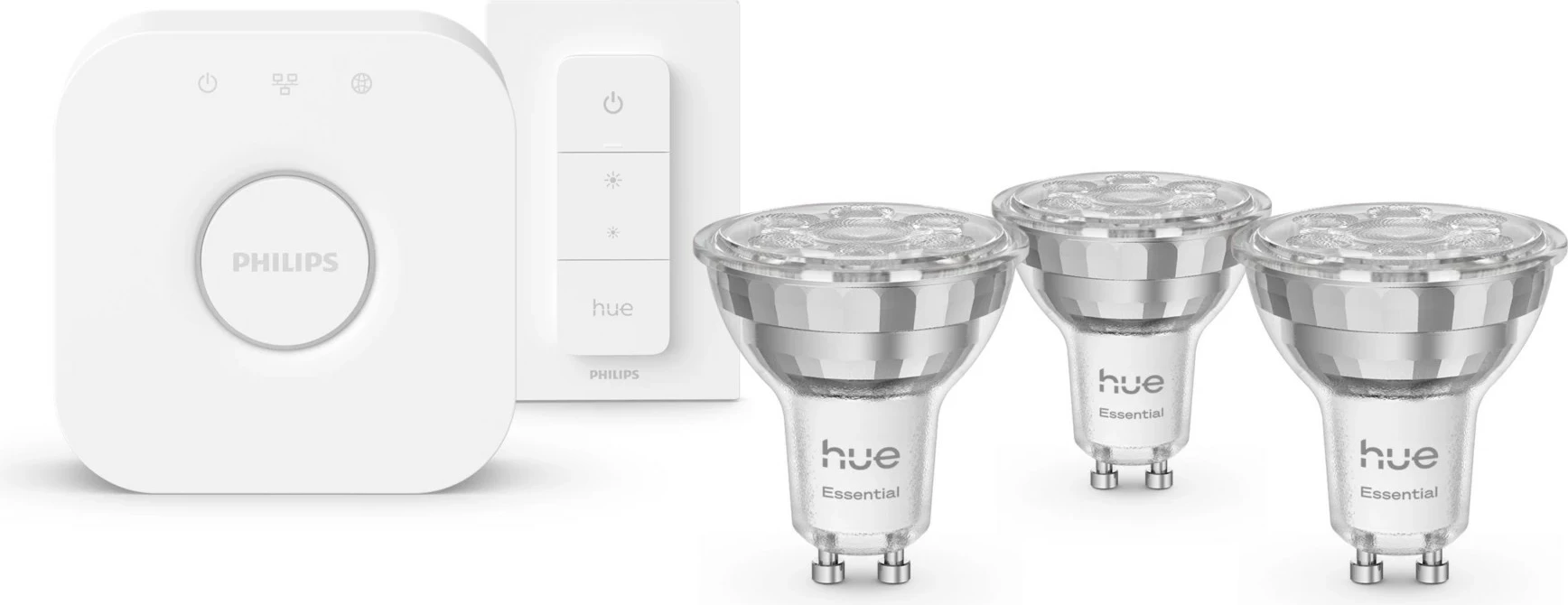 Set ndriçimi i mençur Philips Hue Essential GU10 3 llamba + Switch + Bridge V2