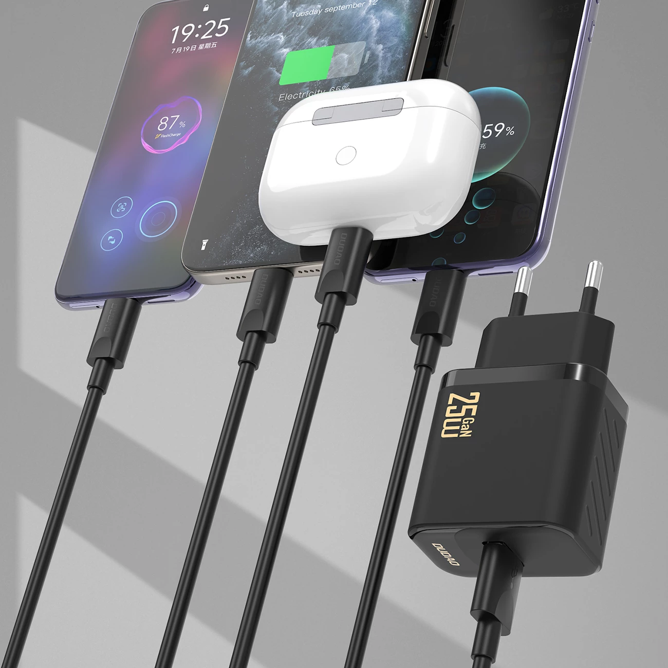 Karikues muror GaN, Dudao, A27STEU, 25W, portë USB-A, me kabllo USB-A në USB-C 1 m, prizë EU, i zi