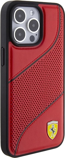 Mbështjellës Ferrari Perforated Waves Metal Logo për iPhone 15 Pro, e kuqe