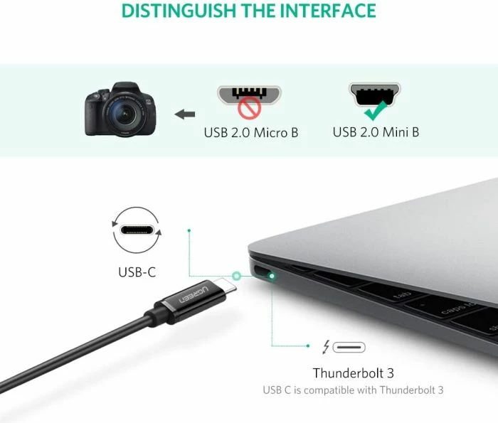 Kabllo USB-C (M) në Mini USB 5-Pin (M), UGREEN 50445, 1m, USB 2.0 480Mbps, e zezë, polybag