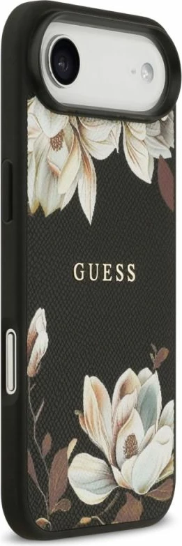 Kapak telefoni Guess Grained Flowers Classic Logo MagSafe për iPhone Air, i zi
