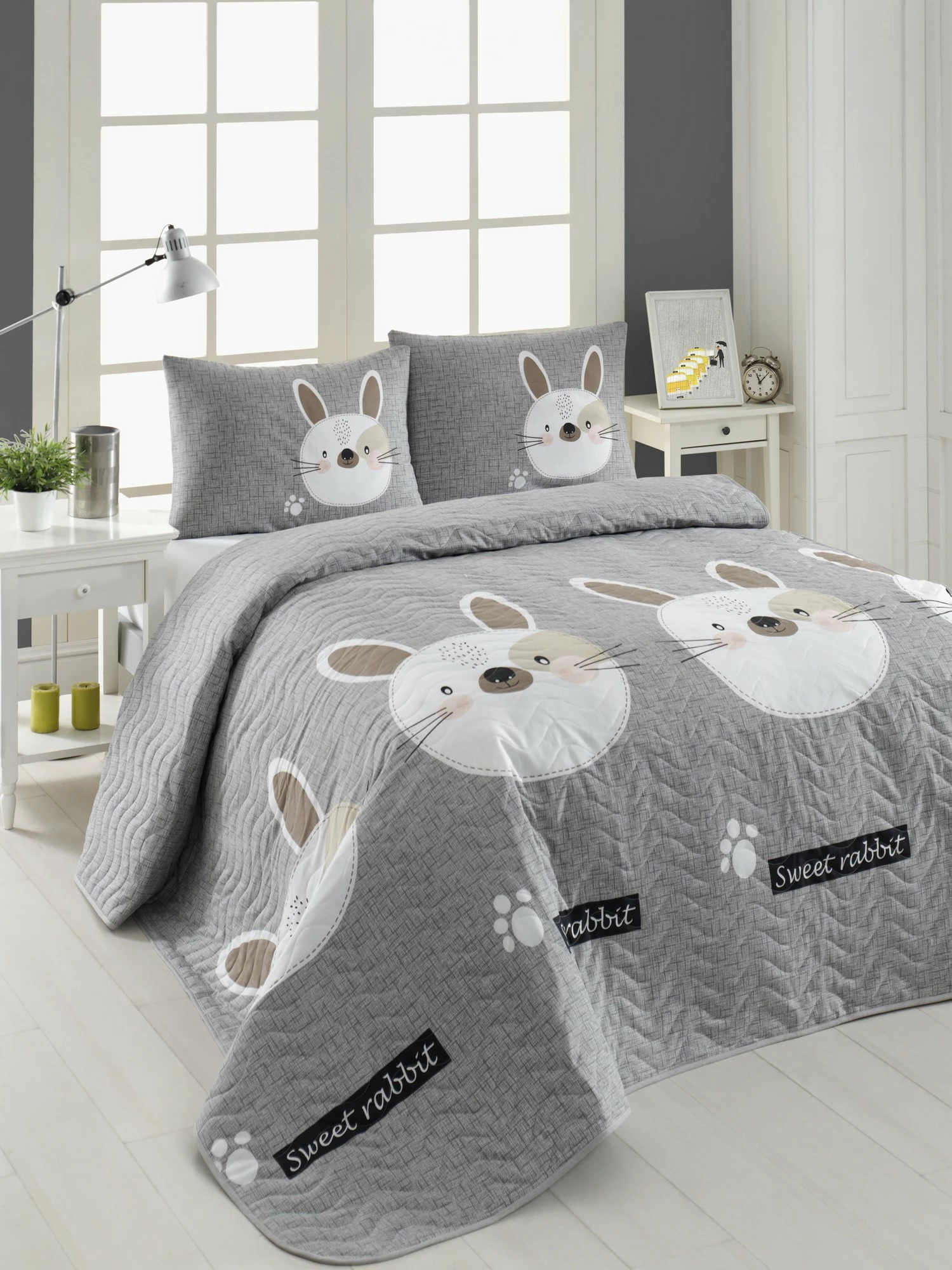 Set mbulesë krevati king, i qepur, Tavşancık, ngjyrë kafe e çelët, gri, rozë