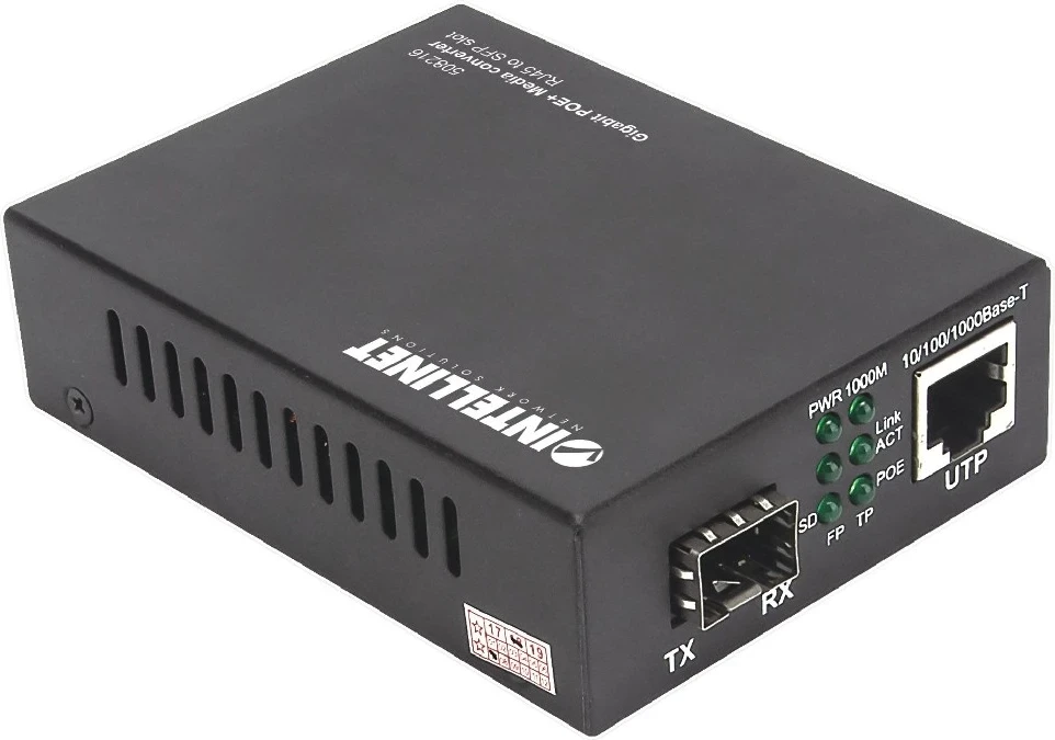 Konvertues Medial Intellinet 508216, Gigabit 1000Base-T RJ45 në Slot SFP, injector PoE+
