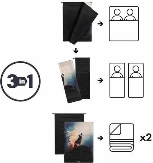 Thes gjumi Nils Camp NC3601 3-në-1 dopio 200x140cm (0°C), me print ujk