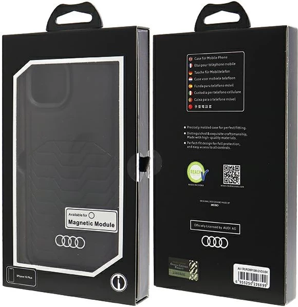 Mbështjellës Audi për iPhone 15 Plus / 14 Plus, MagSafe, lëkurë sintetike, i zi