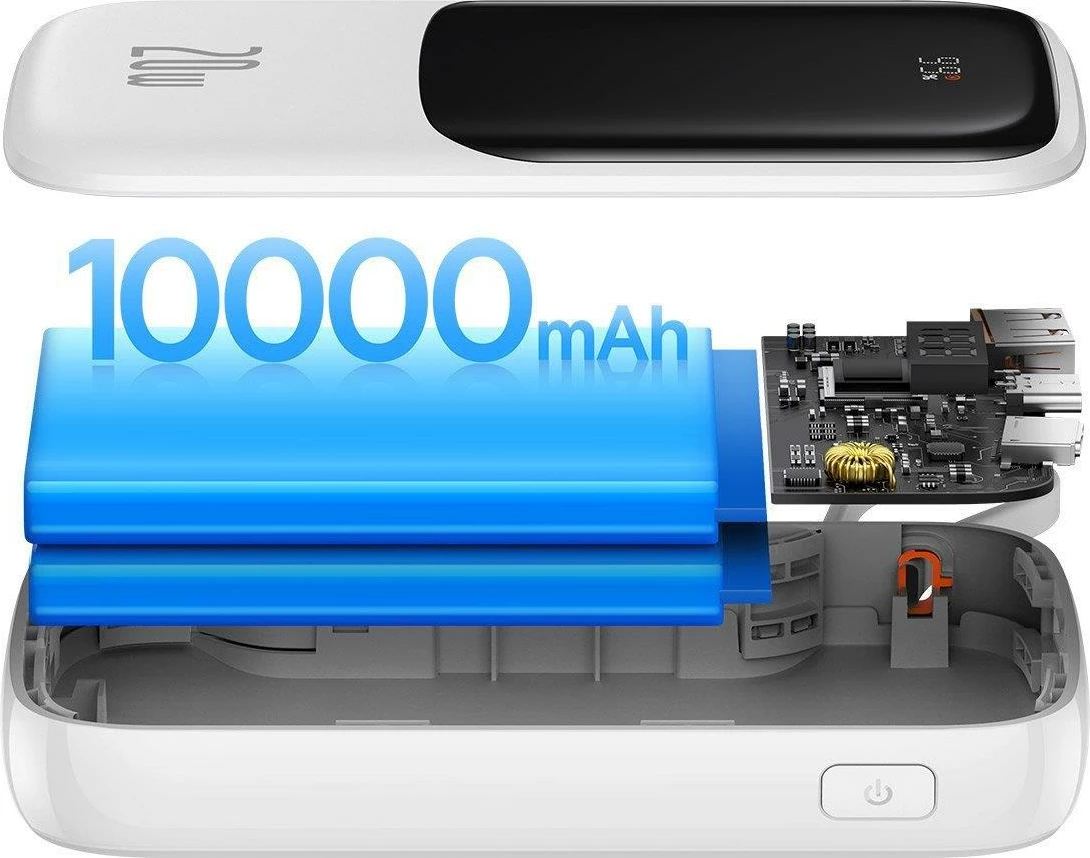 Power bank Baseus Qpow, 10000mAh, 20W, me kabllo Lightning të integruar, Bardhë