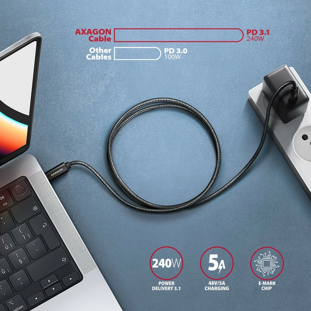Kabllo USB-C në USB-C AXAGON BUCM2-CM30AB, 3m, 240W, e zezë