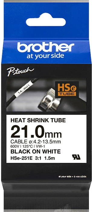 Tub termokurres Brother HSE-251E P-touch, 21mm, shkrim i zi në të bardhë