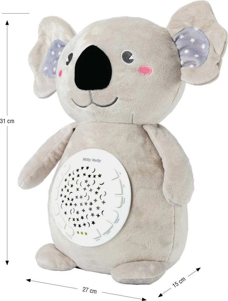 Lodër pelushi me projektor koala, Milly Mally 5661, 10 melodi, 5 zhurma të bardha, timer 30/60/90 min, 7 drita, gri/bardhë