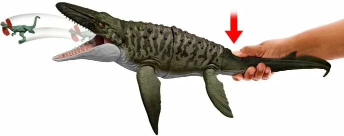 Figurë dinosauri Mattel Jurassic World Bite ‘n Blast Mozazaur JCH00, 65 cm, me kafshim/gëlltitje & pështymje, me minifigurë Dilofozaur