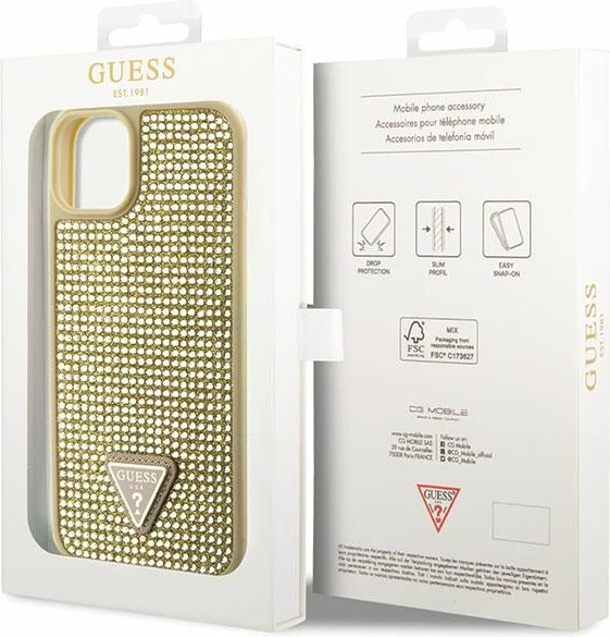 Mbështjellës Guess Rhinestone Triangle për iPhone 14 Plus 6.7", i artë, hardcase