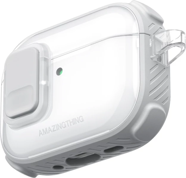 Mbështjellës AmazingThing Titan Pro Mag për AirPods Pro 3, PC/TPU, me karabinë, i tejdukshëm, i bardhë