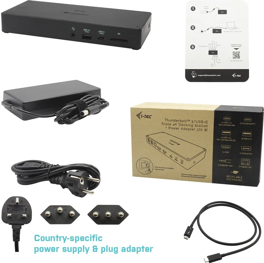 Docking station I-Tec Thunderbolt 3, 3x Display, Power Delivery 96W, i zi