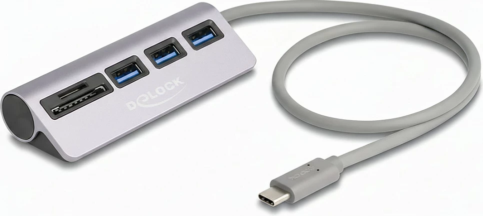 USB hub DeLOCK 3-port, USB-C, 5 Gbps, me lexues SD/MicroSD, i hirtë