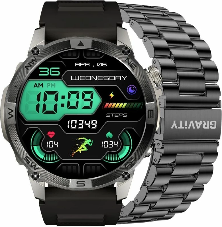 Smartwatch Gravity GT46-3, rrip silikoni + byzylyk çeliku, grafit