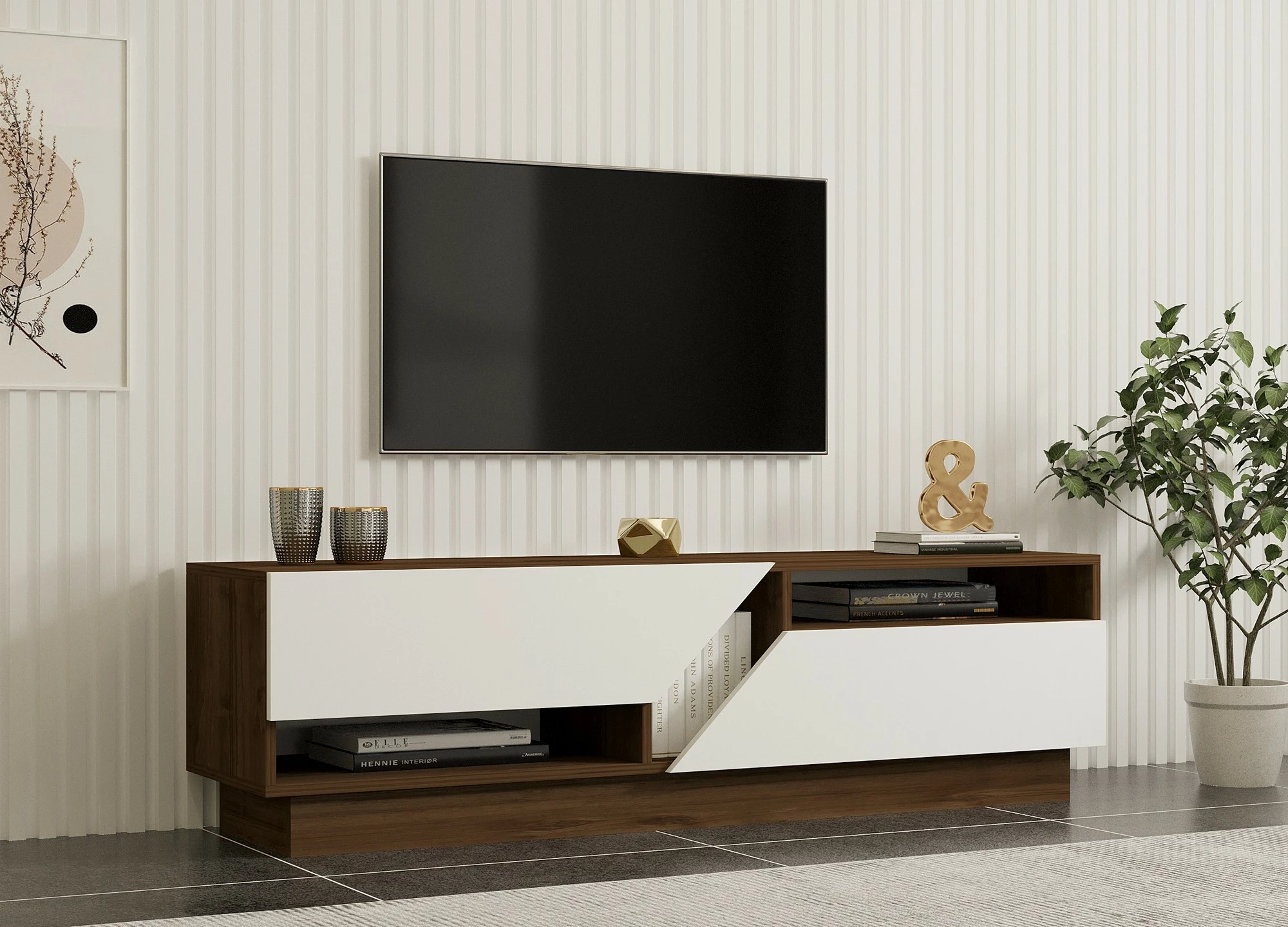 Komodë TV Hanah Home, Koza, ngjyrë arrë dhe e bardhë
