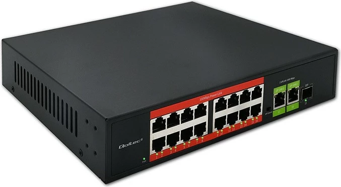 Switch Qoltec 52291 16x RJ45 10/100 PoE, 2x RJ45 uplink 1000, 1x SFP 1000, unmanaged