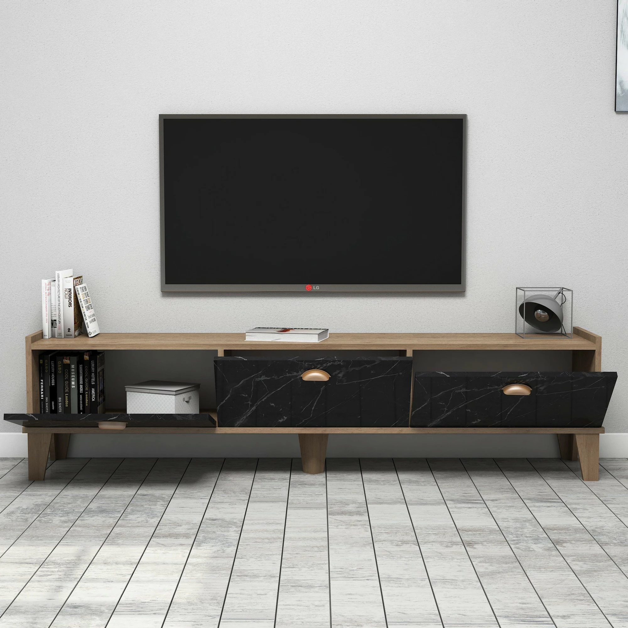 Komodë TV Skye Decor, ngjyrë lis dhe mermer, Sumer E3630
