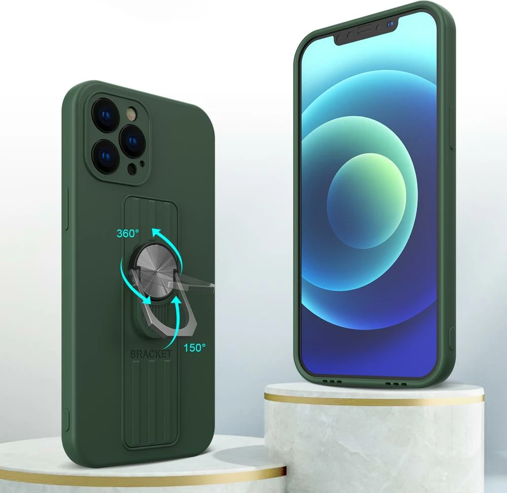 Mbështjellës silikoni Hurtel Ring Case me mbajtëse gishti dhe stand për Samsung Galaxy S21 Ultra 5G, e gjelbër e errët