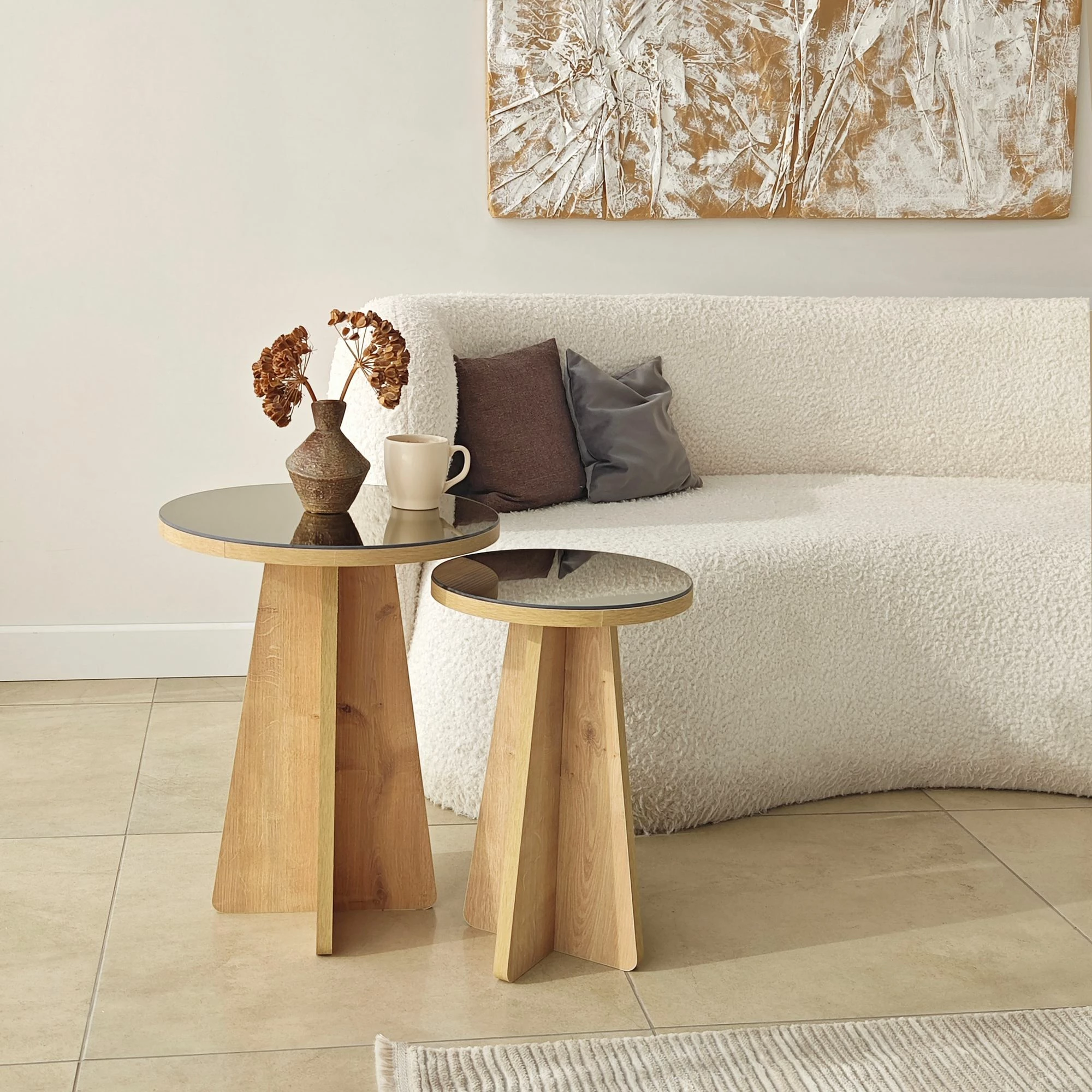 Set tavolinash anësore Skye Decor, Luna 2, bronzi, lisi sapphire