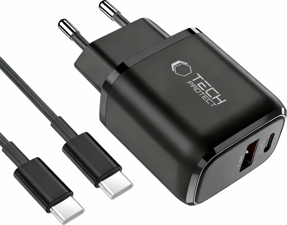 Karikues muri Tech-Protect NCA45W-GAN 45W 2-port (USB-C PD 3.0 + USB-A QC 3.0) me kabllo USB-C në USB-C 1m, i zi, set