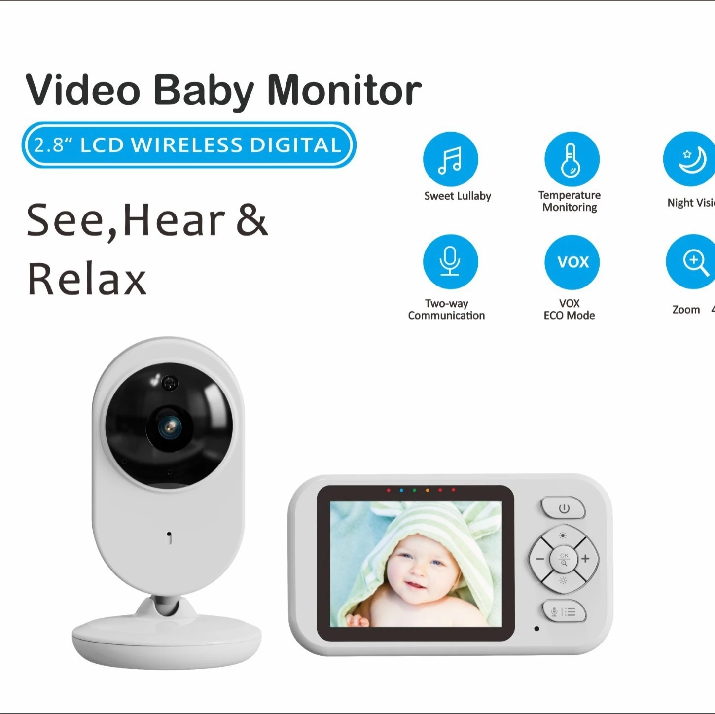 Video Baby Monitor 2.8” LCD Wireless – Kamera për Foshnje me Night Vision, Two-Way Talk, VOX, Alarm Temperature & Zoom 4X