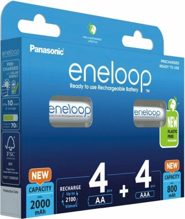 Bateri të rikarikueshme Panasonic Eneloop set 4x AA 2000mAh + 4x AAA 800mAh, të bardha