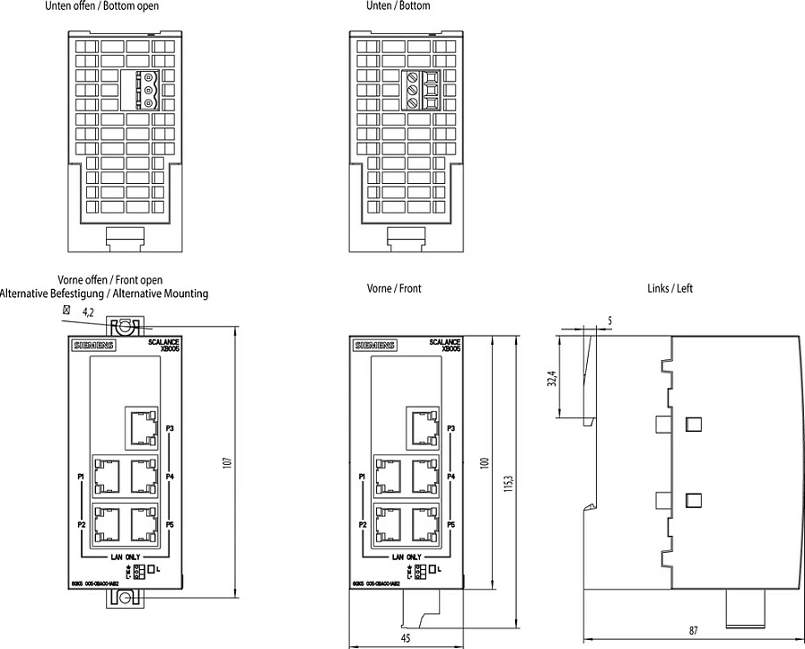 Switch industrial Ethernet Siemens SCALANCE XB005 6GK50050BA001AB2, 5x RJ-45 10/100, DIN shinë, IP20, gri