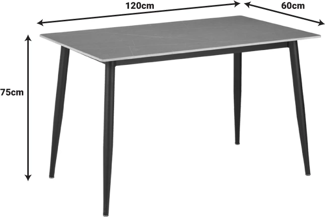 Tavolinë me karrige Gustas-Bella set prej 5 copash, gur i sinteruar, ngjyrë mermeri gri, metal i zi, 120x60x75cm