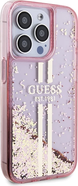Mbështjellës Guess Liquid Glitter Gold Stripes për iPhone 15 Pro, Rozë