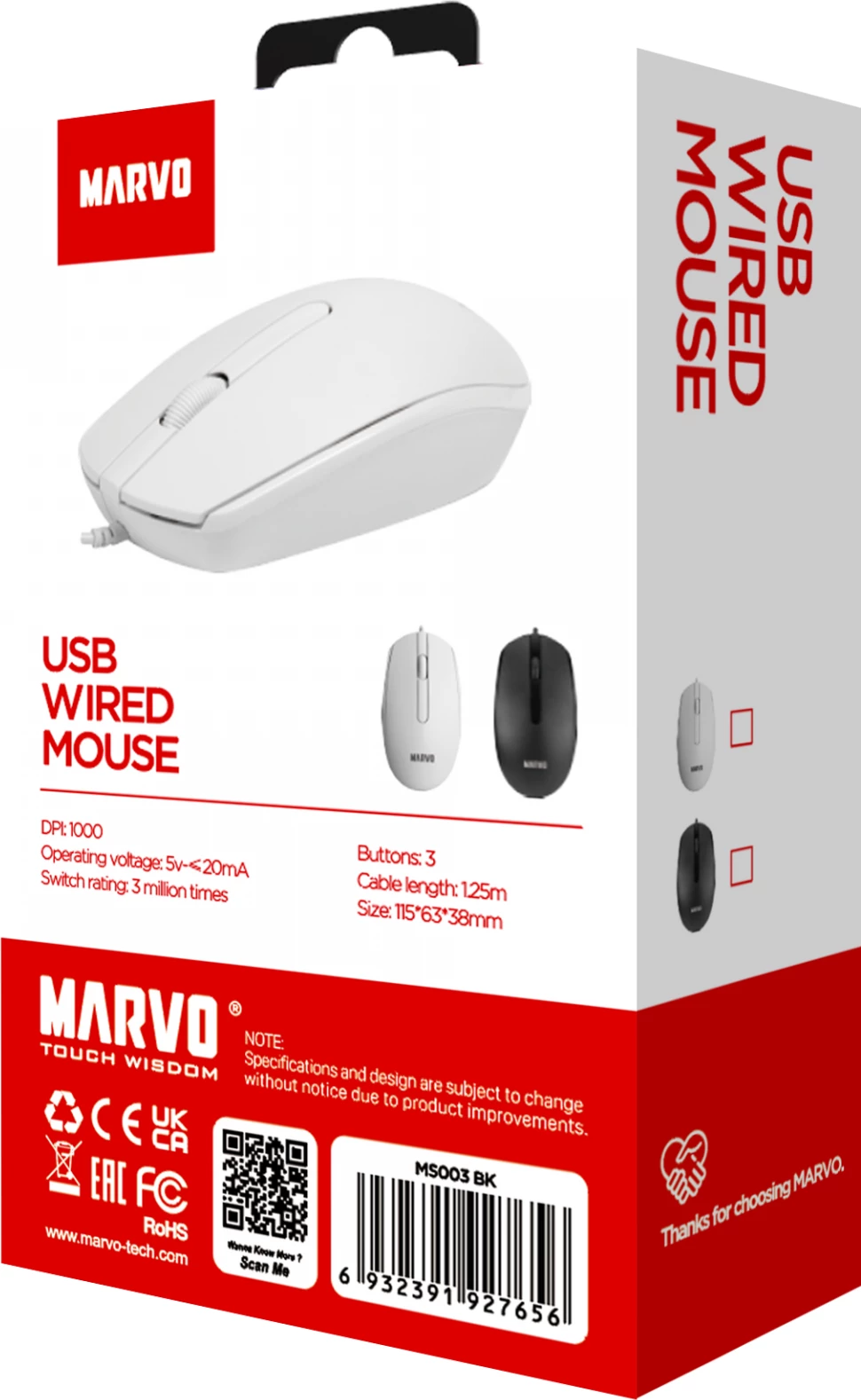 Maus Marvo MS003 me kabllo, 1000 DPI, sensor optik, 3 butona, e bardhë
