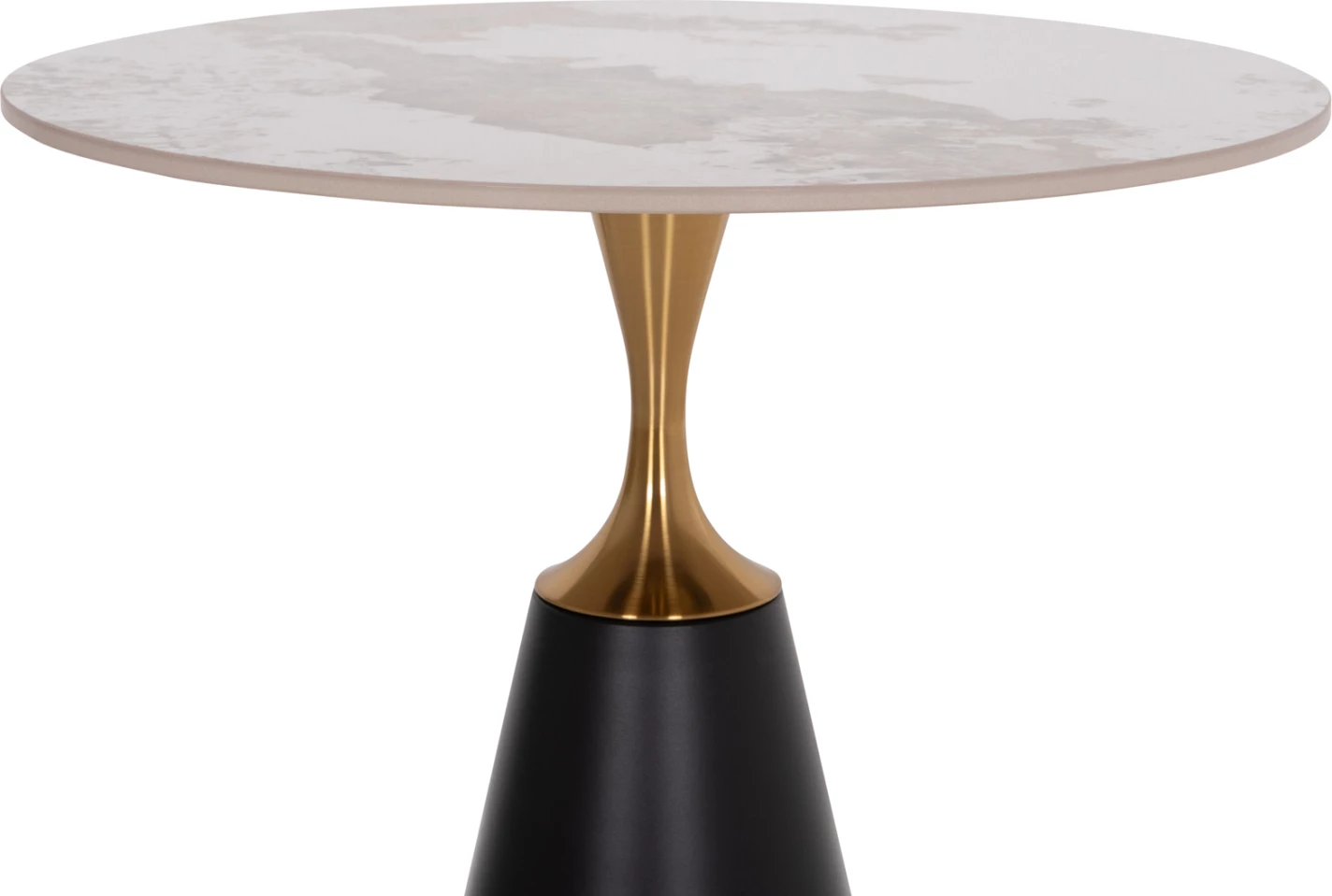 Tavolinë anësore Tucana, bazë metalike e zezë, detaje ari, sipërfaqe guri Pandora