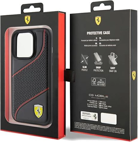 Mbështjellës Ferrari Perforated Waves Metal Logo për iPhone 15 Pro, i zi