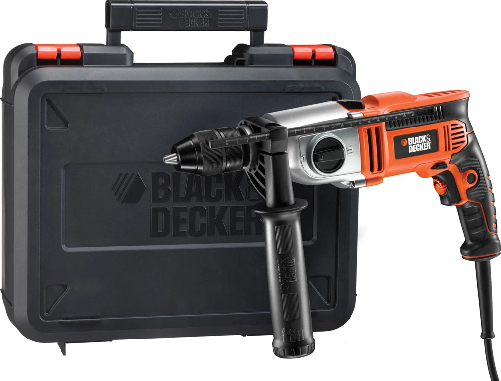 Makinë shpimi me goditje Black+Decker KR705K 750 W, mandrinë 13 mm, me kuti veglash, e zezë/portokalli