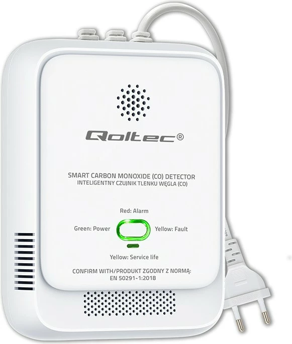 Sensor monoksidi karboni (CO), Qoltec 52576, alarm 85 dB + LED, sensor elektro-kimik, i bardhë