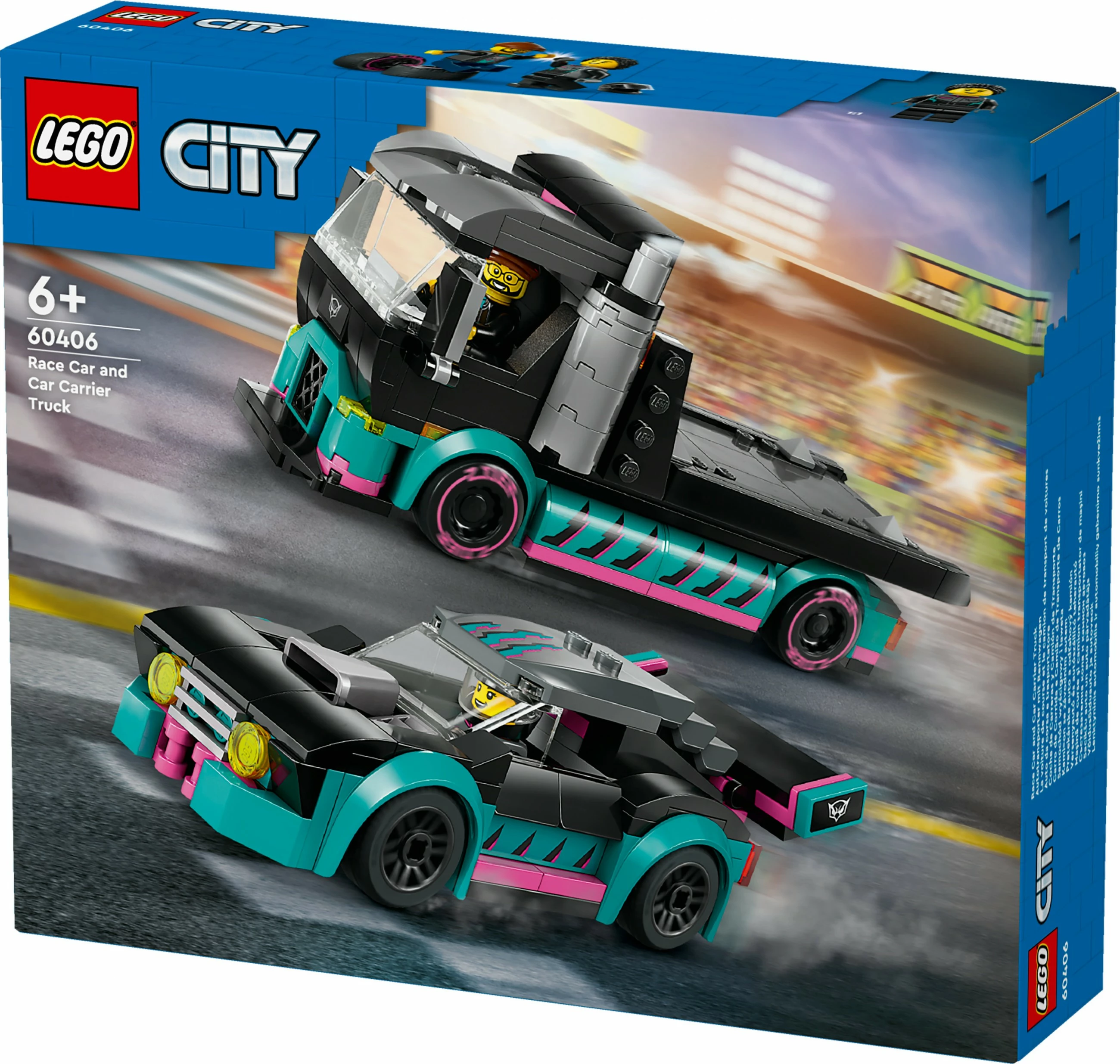 Set ndërtimi LEGO City 60406, autotransporter me makinë gare, 328 pjesë, shumëngjyrësh