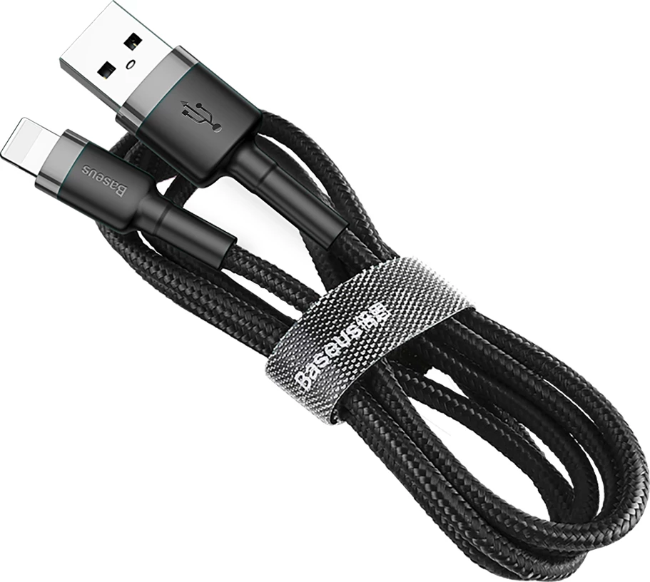Kabllo Baseus Cafule CALKLF-AG1, USB-A në Lightning, 0.5m, 2.4A, QC 3.0, e zezë-gri