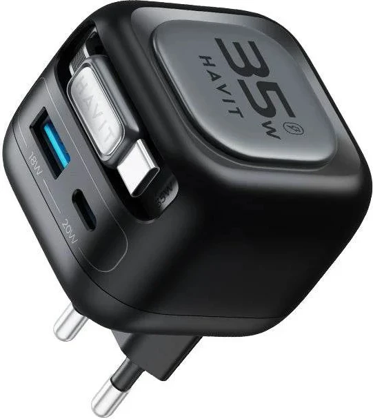 Karikues udhëtimi HAVIT UC250 A-EU GaN me kabllo të zgjatshme, 35W, i zi