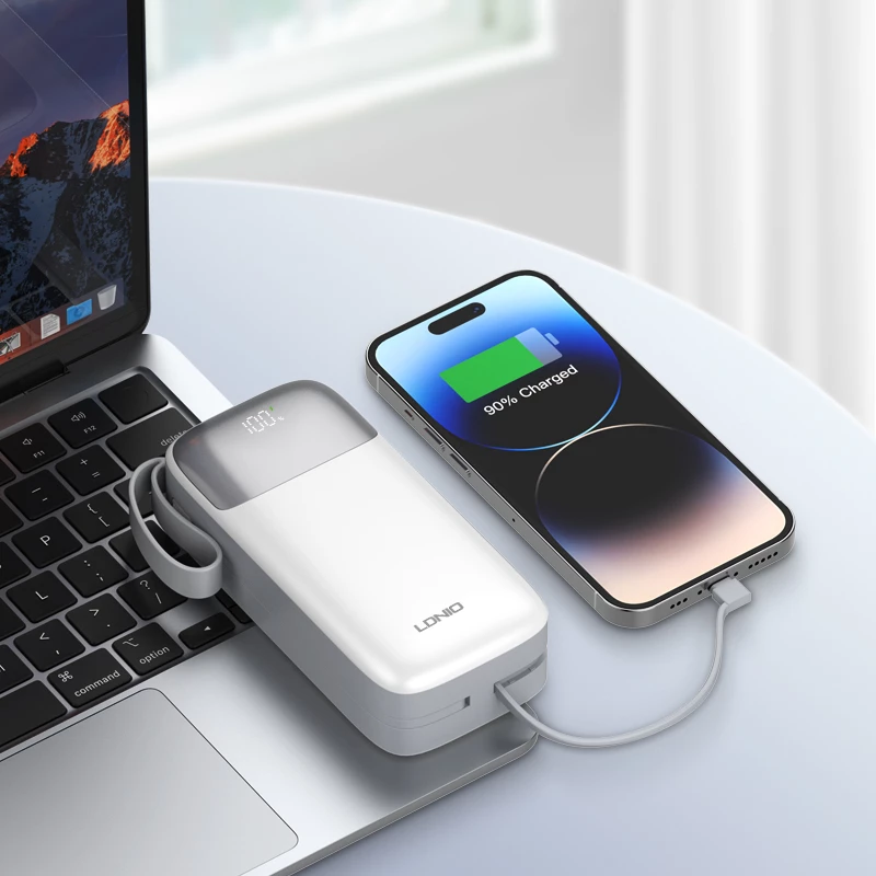 Power bank LDNIO PQ30 30000mAh 22.5W me kabllo të integrume USB-C/Lightning, 2 porta USB, e bardhë