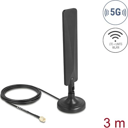 Antenë 5G/LTE DeLOCK SMA 3 dBi omnidireksionale, kabllo 3 m, bazë magnetike, e zezë