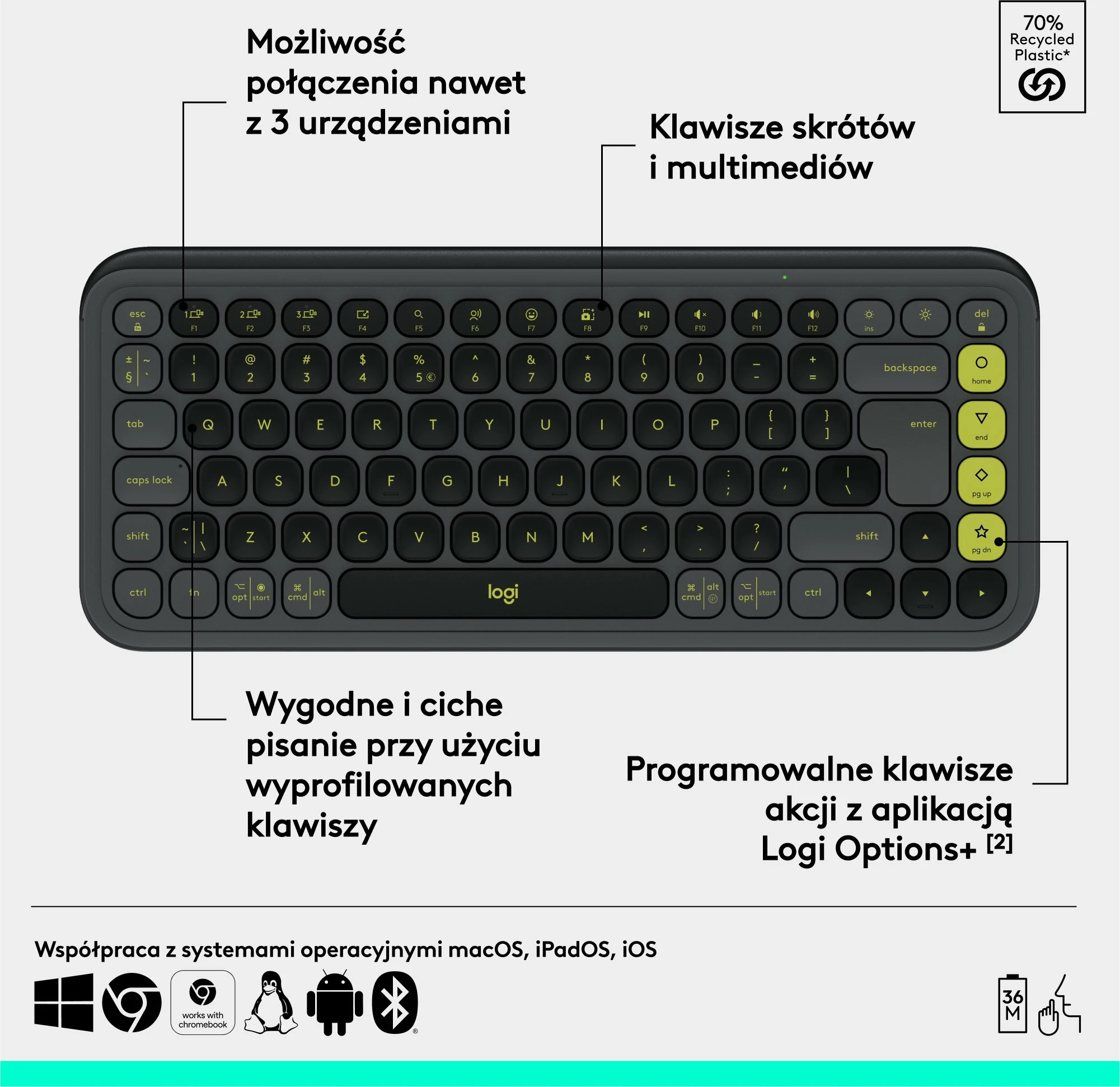 Tastierë Bluetooth wireless Logitech POP Icon Keys 920-013071, US INTL, pa numpad, pa ndriçim, grafit e zezë