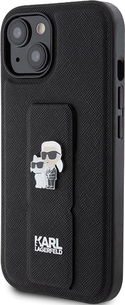 Mbështjellës Karl Lagerfeld Gripstand Saffiano Karl&Choupette Pins për iPhone 15 Plus / 14 Plus, i zi