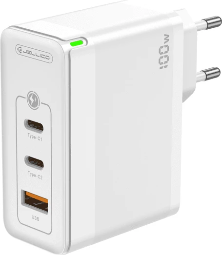 Adapter karikimi shtëpie Jellico C118 100W GaN, 2x USB-C + 1x USB-A, me kabllo USB-C në USB-C, i bardhë (EU blister)