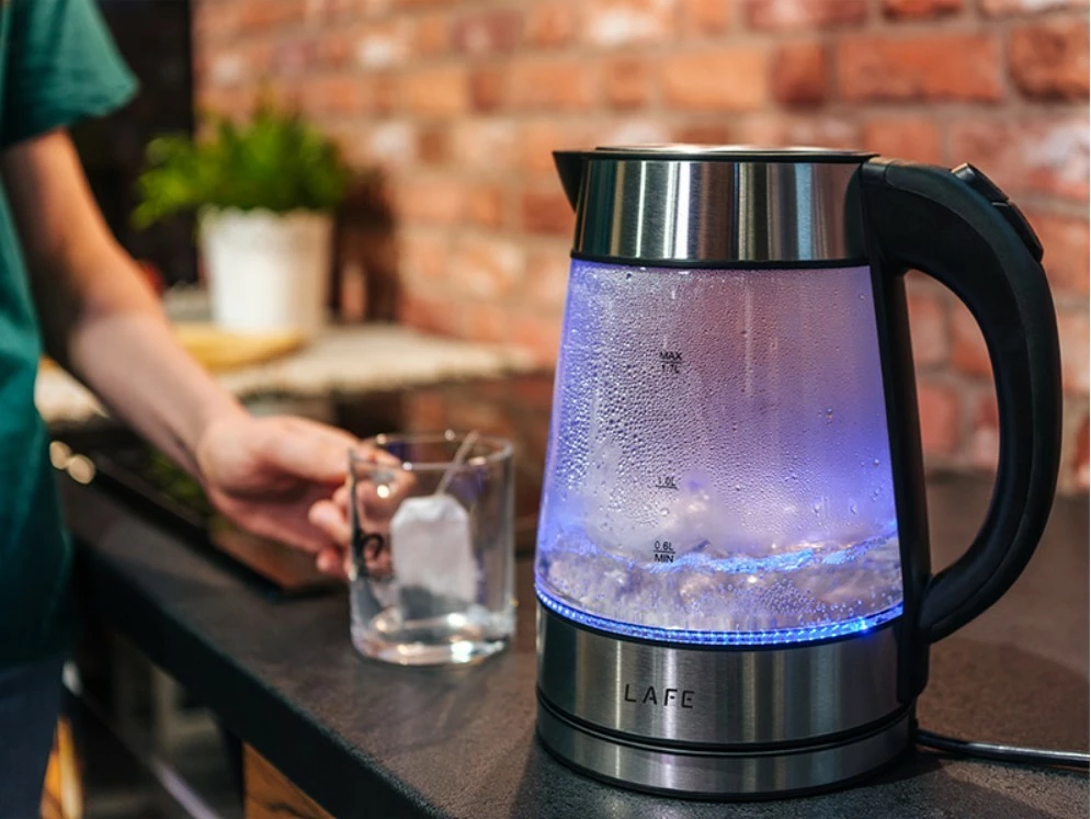 Zierës uji elektrik, Lafe, LAFCZA47618, 1.7 L, 2200 W, xhami, bazë 360°, me ndriçim, e zezë/çelik/transparente