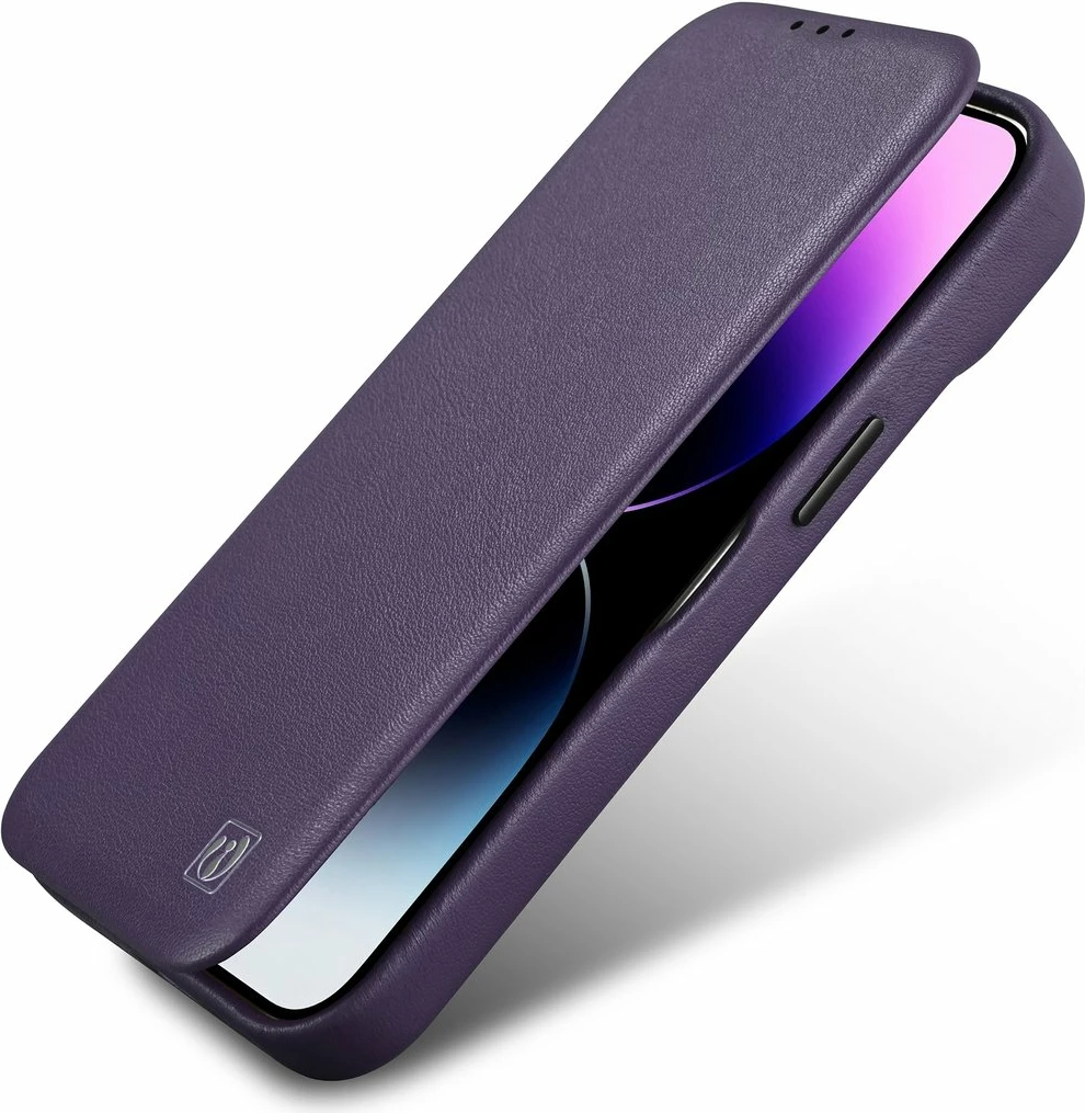 Mbështjellës iCarer CE Premium lëkurë, për iPhone 14 Plus, MagSafe, vjollcë e errët