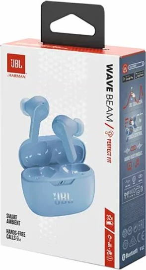 Kufje in-ear JBL Wave Beam BT5.2 me mikrofon, 32h, IP54/IPX2, kaltër