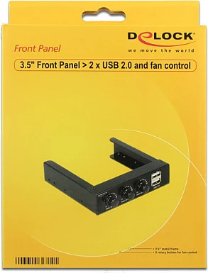 Panel frontal kontrollues ventilatorësh DeLOCK 62714, 3 kanale, 2x USB 2.0, 3.5", i zi
